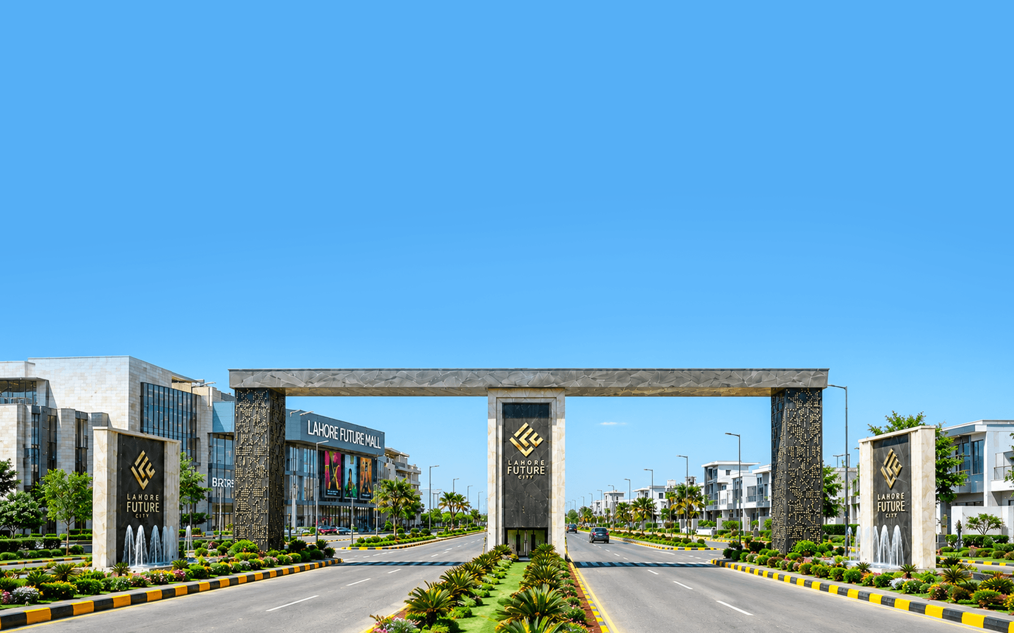 The grand entrance arch of Lahore Future Mall, a master-planned community in Lahore, beneath a clear blue sky.